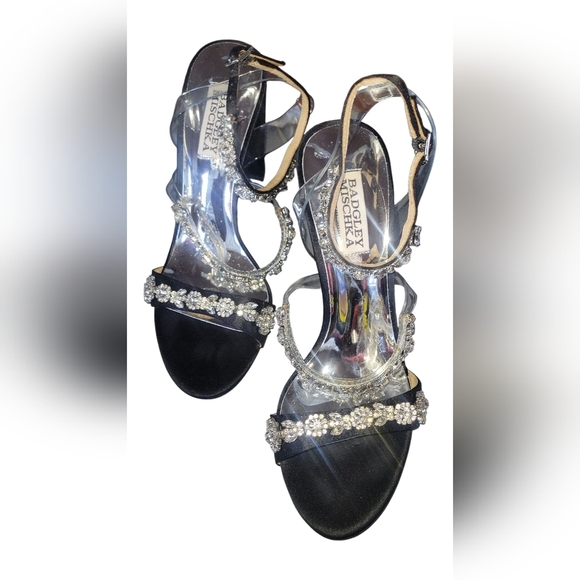 Badgley Mischka Black Crystal Embellishment Satin Ankle Fastener Sandals 7 - Picture 2 of 8